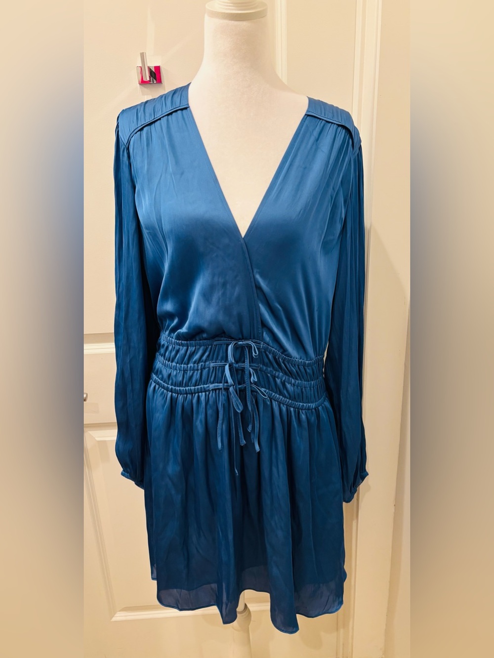 NWT Derek Lam Teal Satin V-Neck Long Sleeve Drawstring Dress- 12